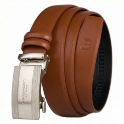 Skórzany pasek męski w jasnobrązowym kolorze z automatyczną, srebrną klamrą Peterson PTN A007-AB TAN. Brązowe paski damskie Peterson, bez wzorów, ze skóry, eleganckie. Za 59.99 zł.