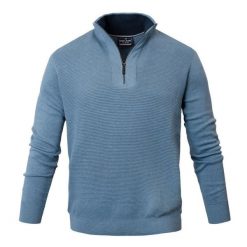 Bawełniany Sweter Męski, Wysoki Dekolt na Zamek - Pako Jeans - Niebieski. Niebieskie kardigany męskie Pako Jeans, l, bez wzorów, z bawełny. Za 209.00 zł.
