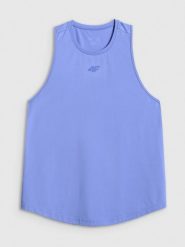 4F Top treningowy szybkoschnący damski - niebieski M. Niebieskie koszulki sportowe damskie 4f, m, bez wzorów, z materiału, bez kołnierzyka, bez ramiączek. Za 79.99 zł.