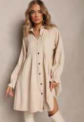 Beżowa Rozkloszowana Sukienka Koszulowa Mini Nofexi. Brązowe sukienki damskie Renee, l, bez wzorów, bez kołnierzyka, bez ramiączek, mini, koszulowe. Za 149.99 zł.