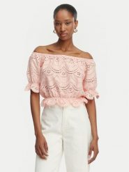 Guess Bluzka W6GP47 K3336 Koralowy Regular Fit. Pomarańczowe bluzki damskie Guess, l, z aplikacjami, z bawełny, bez kołnierzyka, bez ramiączek. Za 294.99 zł.