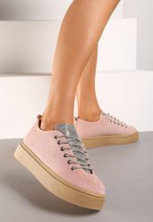 Różowe Sneakersy na Platformie ze Sznurowaniem z Cyrkoniami Oziana. Czerwone obuwie sportowe damskie Renee, bez wzorów. Za 44.99 zł.