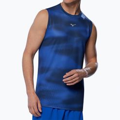 Koszulka do biegania męska Mizuno Core Graphic Sleeveless. Niebieskie koszulki sportowe męskie Mizuno, l, bez wzorów, z materiału, bez kołnierzyka, bez ramiączek, do biegania. Za 76.99 zł.