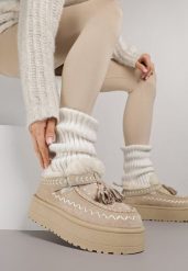 Beżowe Śniegowce na Platformie Ozdobione Haftem i Frędzlami Linomis. Brązowe śniegowce i trapery damskie Renee, z jeansu. Za 119.99 zł.