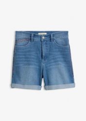 Lekkie szorty jeansowe ze średnim stanem. Niebieskie szorty damskie bonprix, bez wzorów, z jeansu. Za 109.99 zł.