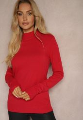 Czerwony Półgolf o Klasycznym Fasonie z Kaszmirem i Wiskozą Zailana. Czerwone swetry damskie Renee, z aplikacjami, z kaszmiru, biznesowe, bez kołnierzyka, bez ramiączek, długie, bez kaptura. Za 59.99 zł.