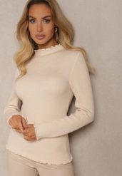 Beżowy Sweter z Wełną przy Dekolcie Ozdobiony Falbanką Seatoria. Brązowe swetry damskie Renee, z aplikacjami, z jeansu, casualowe, bez kołnierzyka, bez ramiączek, bez kaptura. Za 79.99 zł.