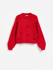 Sweter z kwiatową aplikacją - czerwony. Czerwone swetry damskie Reserved, l, z aplikacjami, z dzianiny, bez kołnierzyka, bez ramiączek, bez kaptura. Za 149.99 zł.