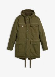 Zimowa parka z podszewką z kożuszka. Zielone kurtki sportowe męskie bonprix, na zimę, m, bez wzorów. Za 379.99 zł.