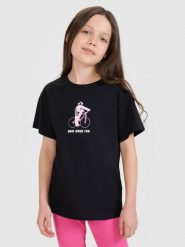 4F T-shirt regular z nadrukiem dziewczęcy - czarny 140 (9-10 lat). Czarne t-shirty i topy dla dziewczynek 4f, bez wzorów, z bawełny, bez ramiączek. W wyprzedaży za 19.99 zł.