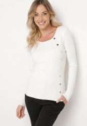 Biały Sweter Ozdobiony Metalowymi Napami Corettina. Białe swetry damskie Born2be, m, bez wzorów, z jeansu, wizytowe, bez kołnierzyka, bez ramiączek, bez kaptura. Za 54.99 zł.