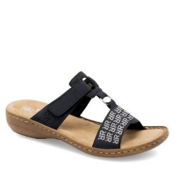 Klapki Rieker. Niebieskie klapki damskie Rieker, bez wzorów, bez obcasa. Za 289.99 zł.