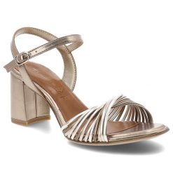 Sandały damskie Tamaris, cholewka ze skóry ekologicznej z metalicznym wykończeniem na stabilnym obcasie, brązowe, 1-28324-42 988. Brązowe klapki damskie Tamaris, bez wzorów, ze skóry ekologicznej, bez obcasa, na obcasie. Za 299.00 zł.