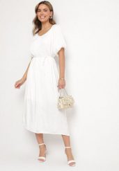Biała Sukienka Pudełkowa z Dekoltem Łódką Wiązana w Talii Sonaliris. Białe sukienki damskie Born2be, na co dzień, na lato, l, bez wzorów, z materiału, eleganckie, bez kołnierzyka, bez ramiączek, proste. Za 119.99 zł.