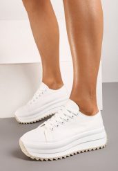 Białe Sznurowane Sneakersy Trampki na Grubej Podeszwie z Ozdobnym Bieżnikiem Sanque. Białe trampki i tenisówki damskie Born2be, bez wzorów, z bawełny, bez zapięcia. Za 49.99 zł.