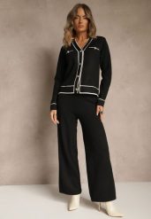 Czarny Komplet z Dzianiny Spodnie Wide Leg i Retro Kardigan Giosila. Czarne kardigany damskie Renee, bez wzorów, z bawełny. Za 149.99 zł.