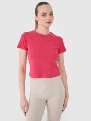 4F T-shirt slim z prążkowanej dzianiny damski - różowy M. Czerwone koszulki sportowe damskie 4f, m, bez wzorów, z bawełny, bez kołnierzyka, bez ramiączek. W wyprzedaży za 39.99 zł.