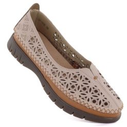 Skórzane półbuty damskie ażurowe beżowe Sergio Leone SP006. Brązowe półbuty damskie Sergio Leone, w ażurowe wzory, ze skóry, bez obcasa, bez zapięcia. Za 169.99 zł.
