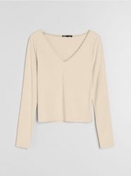 Bluzka z długim rękawem i koronką przy dekolcie - żółty. Żółte bluzki damskie Sinsay, l, bez wzorów, z koronki, bez kołnierzyka, bez ramiączek. Za 25.99 zł.