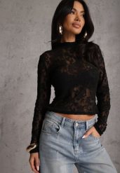 Czarna Bluzka Półgolf z Koronki Dinita. Czarne bluzki damskie Renee, s, bez wzorów, z jeansu, eleganckie, bez kołnierzyka, bez ramiączek. Za 89.99 zł.