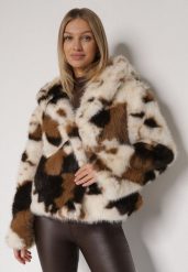 Brązowo-Beżowa Kurtka Futerko o Dwurzędowym Kroju Oversize Nevisa. Brązowe kurtki damskie Born2be, l, bez wzorów, z futra. Za 234.99 zł.