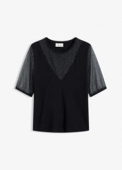 Sweter z cienkiej dzianiny z siateczkową wstawką. Czarne swetry damskie bonprix, bez wzorów, z dzianiny, eleganckie, bez kołnierzyka, bez ramiączek, bez kaptura. Za 117.99 zł.