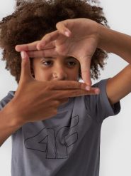 4F T-shirt z nadrukiem chłopięcy - szary 128 (7-8 lat). Szare t-shirty dla chłopców 4f, bez wzorów, z bawełny, bez ramiączek. W wyprzedaży za 19.99 zł.