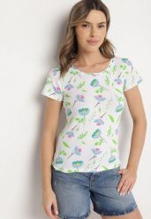 Biało-Zielony Bawełniany T-shirt Ozdobiony Nadrukiem Zarice. Białe bluzki damskie Born2be, l, bez wzorów, z bawełny, klasyczne, bez kołnierzyka. Za 29.99 zł.