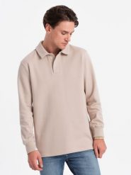 Bluza męska z kołnierzykiem polo ze strukturalnej dzianiny - beżowa V2. Brązowe bluzy męskie Ombre Clothing, m, bez wzorów, z bawełny, bez kaptura. W wyprzedaży za 59.99 zł.
