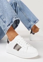 Białe Sneakersy na Grubej Podeszwie z Ozdobną Taśmą z Brokatem i Metaliczną Wstawką Pirnessa. Białe obuwie sportowe damskie Born2be, bez wzorów. Za 84.99 zł.