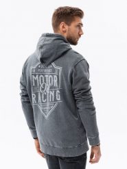 Bluza męska rozpinana z nadrukiem - ciemnoszara V2. Szare bluzy męskie Ombre Clothing, m, bez wzorów, bez kaptura. W wyprzedaży za 29.99 zł.