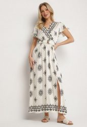 Jasnobeżowa Sukienka w Ornamentalny Wzór z Elastycznym Paskiem Tosvanna. Brązowe sukienki damskie Born2be, na co dzień, l, z aplikacjami, eleganckie, bez kołnierzyka, bez ramiączek, maxi, kopertowe. Za 79.99 zł.