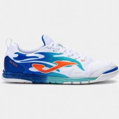 Buty halowe piłkarskie męskie Joma Tactico 2576 IN biało-niebieskie. Białe buty sportowe męskie Joma, bez zapięcia, do piłki nożnej. Za 299.99 zł.