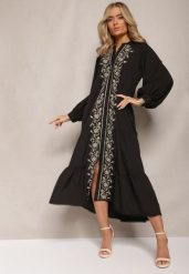 Czarna Midi Sukienka o Trapezowym Kroju z Ozdobnymi Haftami w Stylu Boho Tactila. Czarne sukienki damskie Renee, na jesień, m, bez wzorów, boho, bez kołnierzyka, bez ramiączek, midi, rozkloszowane. Za 169.99 zł.
