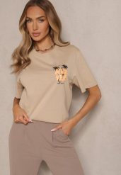 Jasnobeżowa Bawełniana Koszulka z Palmami Sunisora. Brązowe bluzki damskie Renee, l, z aplikacjami, z bawełny, bez kołnierzyka. Za 29.99 zł.