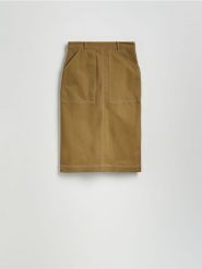 Spódnica z kieszeniami - warm olive. Zielone spódnice damskie Reserved, l, bez wzorów, z bawełny, midi, proste. W wyprzedaży za 79.99 zł.
