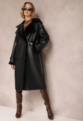 Czarny Dwurzędowy Płaszcz Oversize z Imitacji Skóry i Futerkiem Vess. Czarne płaszcze damskie Renee, m, z aplikacjami, ze skóry, długie, bez kaptura. Za 349.99 zł.