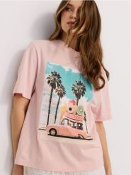 Bawełniana koszulka z wakacyjnym nadrukiem - różowy. Czerwone t-shirty damskie Sinsay, l, bez wzorów, z bawełny, wakacyjne, bez kołnierzyka. Za 25.99 zł.