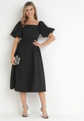 Czarna Rozkloszowana Sukienka Midi z Bufiastymi Rękawami i Kwadratowym Dekoltem Ceania. Czarne sukienki damskie Born2be, na spotkanie biznesowe, l, bez wzorów, eleganckie, bez kołnierzyka, bez ramiączek, midi, rozkloszowane. Za 109.99 zł.