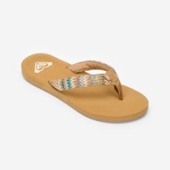 Japonki damskie Roxy Porto Raffia. Brązowe klapki damskie Roxy, bez wzorów, z bawełny, sportowe, bez obcasa. Za 129.99 zł.