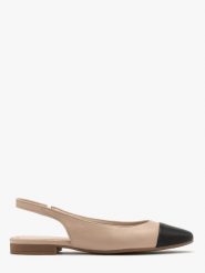 Beżowe baleriny typu slingback z czarnym noskiem SALMA. Brązowe baleriny damskie Ryłko, bez wzorów, z gumy, bez obcasa, na płaskiej podeszwie. W wyprzedaży za 269.99 zł.