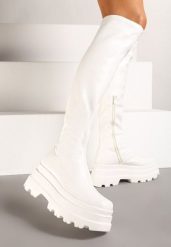 Białe Caualowe Kozaki w Stylu Muszkieterek na Platformie Leniefra. Białe kozaki damskie Renee, z jeansu, bez obcasa, na obcasie. Za 159.99 zł.