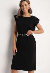 Czarna Sukienka z Wiskozą o Pudełkowym Kroju z Paskiem z Klamrą Polliviera. Czarne sukienki damskie Born2be, na co dzień, l, bez wzorów, z wiskozy, eleganckie, bez kołnierzyka, bez ramiączek, midi. Za 99.99 zł.