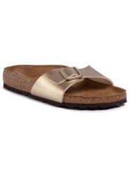 Birkenstock Klapki Madrid Bs 1016107 Złoty. Żółte klapki damskie Birkenstock, bez wzorów, ze skóry, bez obcasa. Za 279.99 zł.