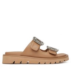 Klapki Eva Minge. Brązowe klapki damskie Eva Minge, bez wzorów, bez obcasa. Za 303.99 zł.