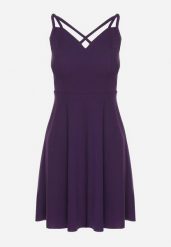 Fioletowa Rozkloszowana Sukienka z Ozdobnymi Paskami Redaina. Fioletowe sukienki damskie Born2be, l, bez wzorów, eleganckie, bez kołnierzyka, bez ramiączek, mini, rozkloszowane. Za 69.99 zł.