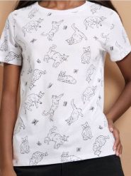 Koszulka all over w koty - biały. Białe t-shirty damskie Sinsay, l, bez wzorów, bez kołnierzyka. Za 12.99 zł.