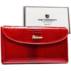 Poziomy portfel damski ze skóry ekologicznej w czerwonym kolorze z tłoczeniem na wzór skóry krokodyla - Peterson. Czerwone portfele damskie Peterson, z aplikacjami, ze skóry ekologicznej. Za 94.99 zł.