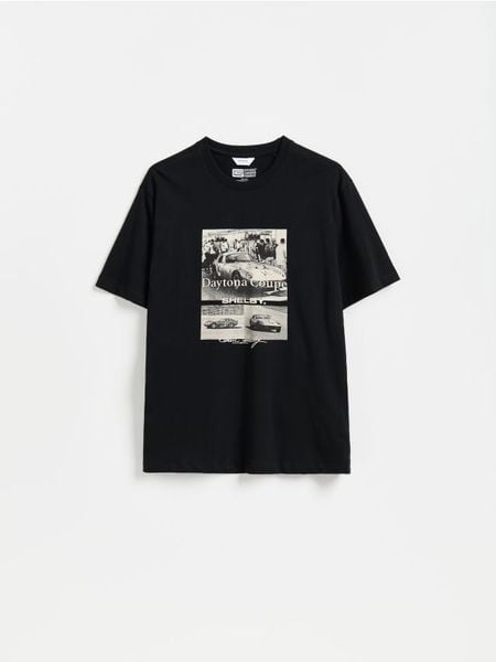 T-shirt Shelby - czarny. Czarne t-shirty męskie Reserved, l, bez wzorów, z bawełny, bez kołnierzyka. Za 79.99 zł.