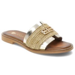 Złote Klapki Armodo Stylowe Obuwie Damskie. Żółte klapki damskie Armodo, bez wzorów, z materiału, bez obcasa, na płaskiej podeszwie, bez zapięcia. Za 289.00 zł.